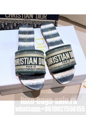 Dior Dway Flat Slide Sandals in Green Stripes Embroidered Cotton Spring/Summer 2021 Collection 47