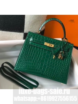 Hermes Kelly 25cm/28cm in Crocodile Embossed Calf Leather Green 2020 (Half Handmade) Collection