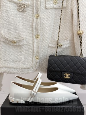 Chanel Women's Lambskin Pointed Toe Mary Janes Flat White