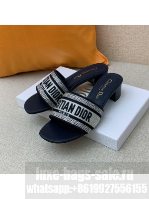 Dior Dway Heeled Slide Sandals 4cm in Blue Cotton Embroidered 2023 Collection 01