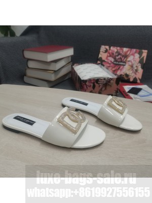 DOLCE & GABBANA CALFSKIN SLIDERS DG CRYSTAL LOGO 2022 WHITE