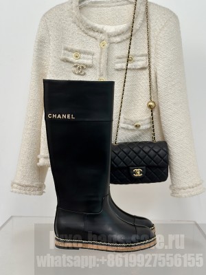 Chanel Calfskin 2cm Internal Lift Wood High Boots With Chain Black 2024 