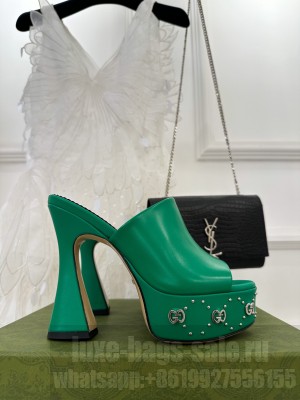 Gucci Leather Platform Slide Sandal 15cm with Interlocking G Studs 2023 Green
