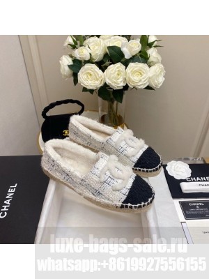 Chanel Shearling Fur Espadrilles Tweed/Lambskin Leather Fall/Winter 2020  Collection, White/Blue Multicolor