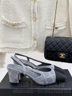 Chanel Slingback 7cm Suede Goatskin & Grosgrain Gray G31318 2025