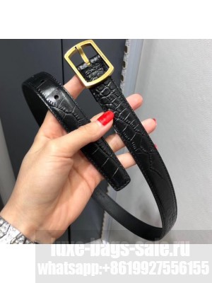 Saint Laurent Width 2.5cm Belt With Paved Buckle In Crocodile Embossed Leather Black/Gold