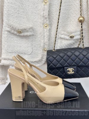 Chanel Slingback 9cm Printed Lambskin & Patent Calfskin Beige,Black 2025