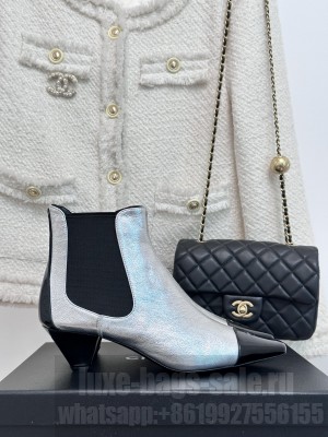 Chanel Calfskin & Patent Leather Pointed Ankle Boots 4cm Silver 2023