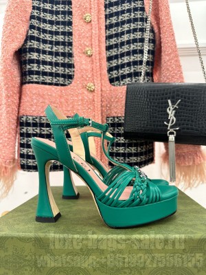 Gucci Lambskin Platform 11cm Heel Sandals with GG Chain 2023 Green