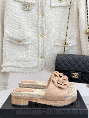 Chanel Calfskin Platform Slides Sandal 4cm with Camellia beige 2025