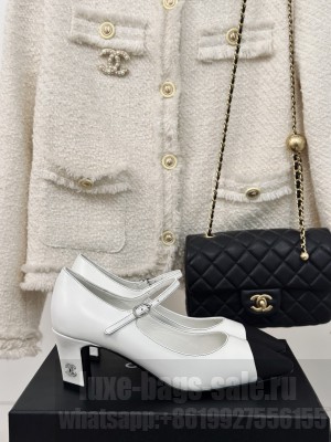 Chanel Lambskin & Grosgrain Mary Jane Pumps White