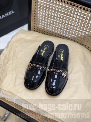 Chanel Patent Leather Chain Flat Mules Black Loafers 2022 Collection