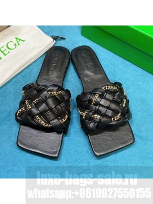Bottega Veneta Leather Chain Woven Flat Slide Sandals Black  2021 Collection