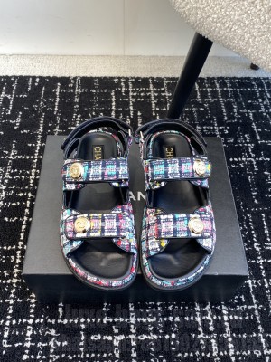 Chanel Tweed Velcro Dad Sandals Denim Multicolor 2025