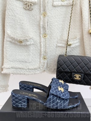 Chanel Quilted Denim Heel Slides Sandal 5cm with Foldover G45474 Navy 2025