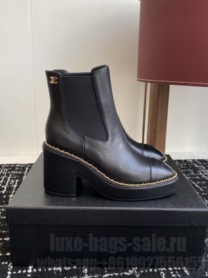 Chanel Calfskin Heel Platform with Chain Black Ankle Boots