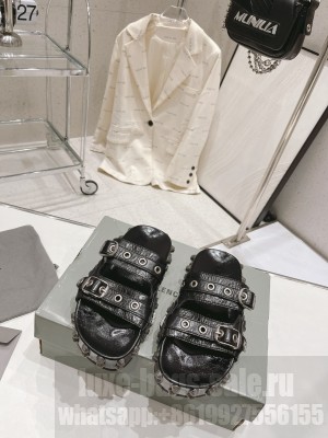 Balenciaga Cagole Flat Slide Sandals in Crinkle Shiny Leather 2023 07