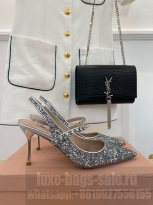 Miu Miu 6.5cm glitter with crystals slingback pumps sliver