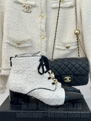 Chanel Tweed & Patent Pointed Toe Boot 2024 White