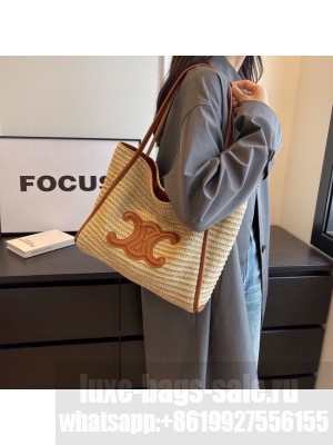 CELINE MEDIUM SUPPLE CELINE CLASSIC PANIER IN RAFFIA AND CALFSKIN 192605-2