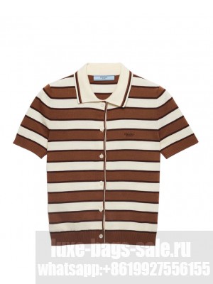 Prada Women's Short-sleeved Striped Cotton Cardigan Coffee