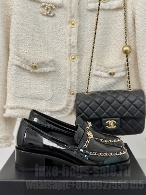Chanel Patent Leather Loafer with Chain Black 2024 