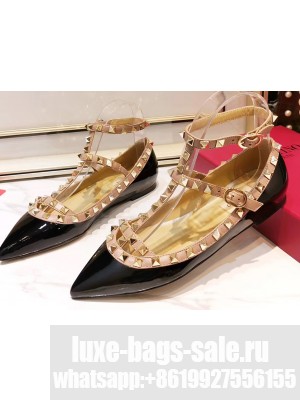 Valentino Rockstud Caged Ankle Strap Ballet Flats Ballerinas in Patent Leather Black
