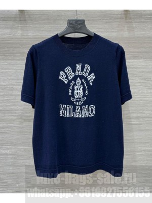 Prada Women's Cashmere Intarsia T-shirt Dark Blue