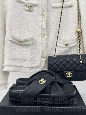 Chanel calfskin Cross Flat Slide Black