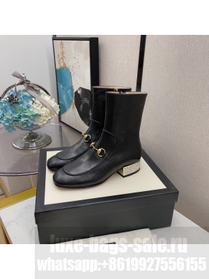 Gucci Women's Black GG Horsebit Crystal Heel Leather Ankle Boot 2021 Collection