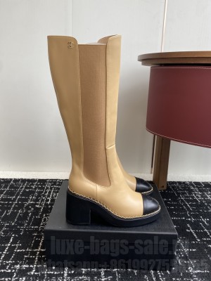 Chanel Calfskin Heel Platform with Chain Beige High Boots