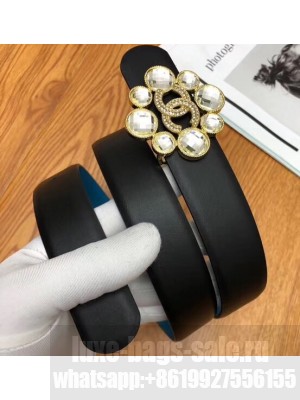 Chanel Width 3cm Crystal and CC Logo Buckle Leather Belt Black/Gold