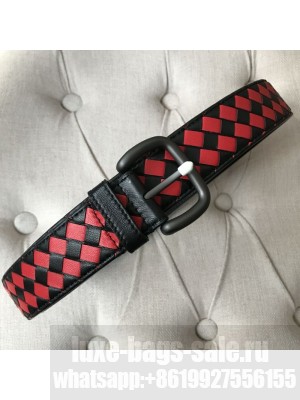 Bottega Veneta Intreccio Lambskin 35mm Belt with Square Buckle Red/Black 2019 Collection