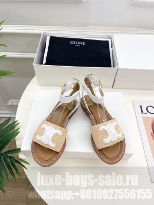 CELINE LYMPIA FLAT STRAP SANDAL IN RAFFIA & CALFSKIN BEIGE/WHITE