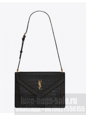 Yves Saint Laurent GABY SATCHEL IN CROCODILE-EMBOSSED LACQUERED LEATHER AND LAMBSKIN 695724 black