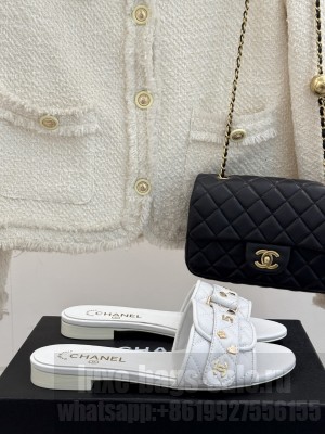 Chanel Quilted Lambskin Flat Slides Sandal with Charm and Buckle White 2025 