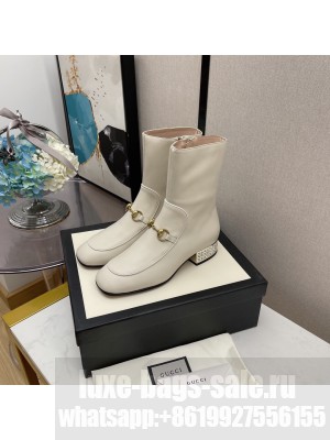 Gucci Women's White GG Horsebit Crystal Heel Leather Ankle Boot 2021 Collection