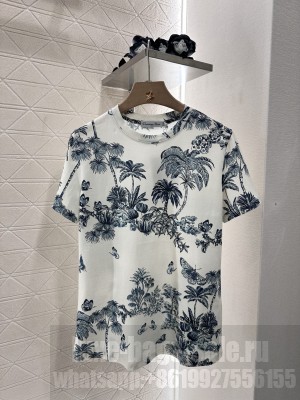 Christian Dior Dioriviera T-Shirt White and Blue Toile de Jouy Palms Cotton and Linen Jersey