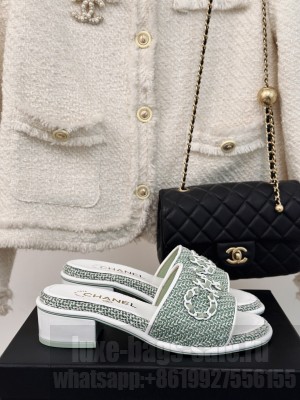 Chanel CC Chain Logo Fabric Heel Slide Mule 2024 Green