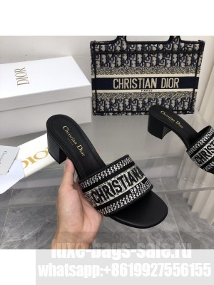 DIOR DWAY HEELED SLIDE With White Crystal Embroidered Cotton 2022 Collection ,Black