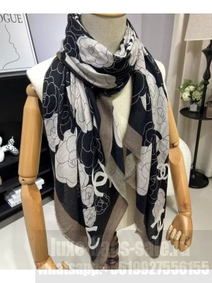 Chanel Women's Camellia Print Long Scarf Black