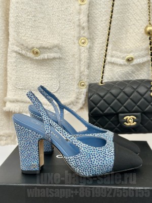 Chanel Strass & Grosgrain Slingback Pumps 9.5cm Blue 2024 