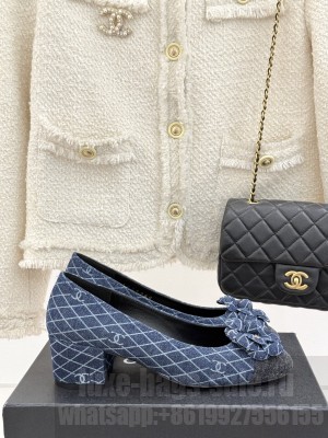 Chanel Quilted Denim Pumps with Camellia Bloom Charm Navy 2025