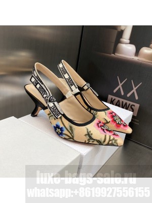Dior J'Adior Slingback Pumps 6.5cm in Beige Multicolor Cotton Embroidered with Petites Fleurs Motif 2023