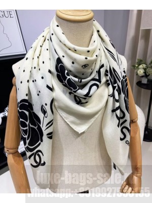 Chanel Women's Camellia Polka Dot Print Scarf White