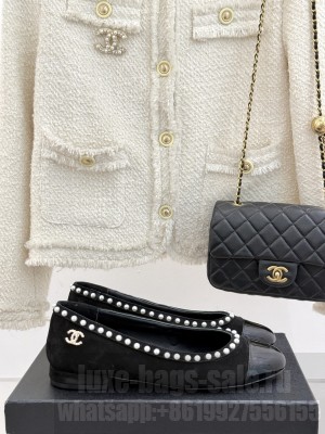 Chanel Suede & Patent Calfskin Ballet Flats with Pearls Black 2025