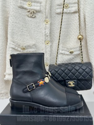 Chanel Lambskin, Grosgrain Ankle Boots with Charm Strap Black 2024 