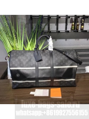 Louis Vuitton x Hiroshi Fujiwara Keepall 55 Bandouliere Duffle Bag Monogram Eclipse Flash Canvas Fall/Winter 2017 Collection M43414, Noir