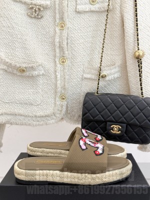 Chanel Canvas Embroidered CC Espadrilles Slide Mules Brown 2025