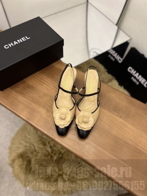 Chanel Camellia Bloom Leather 5cm Slingack Pumps Beige 2022 Collection
